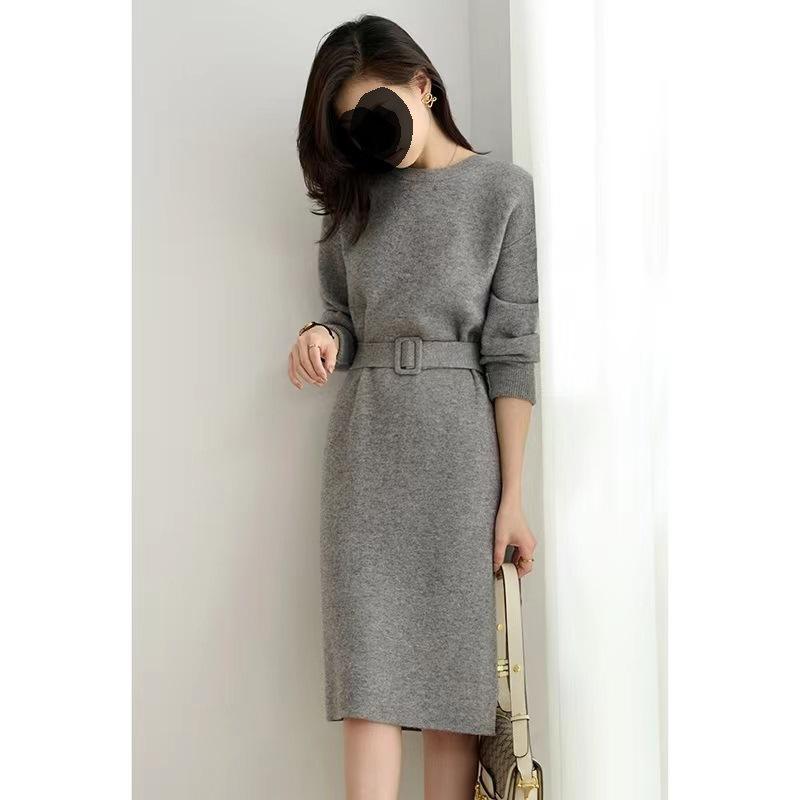 

Французское вязаное платье для женщин однотонное повседневное платье-свитер женский осенне-зимний свитер средней длины M серый