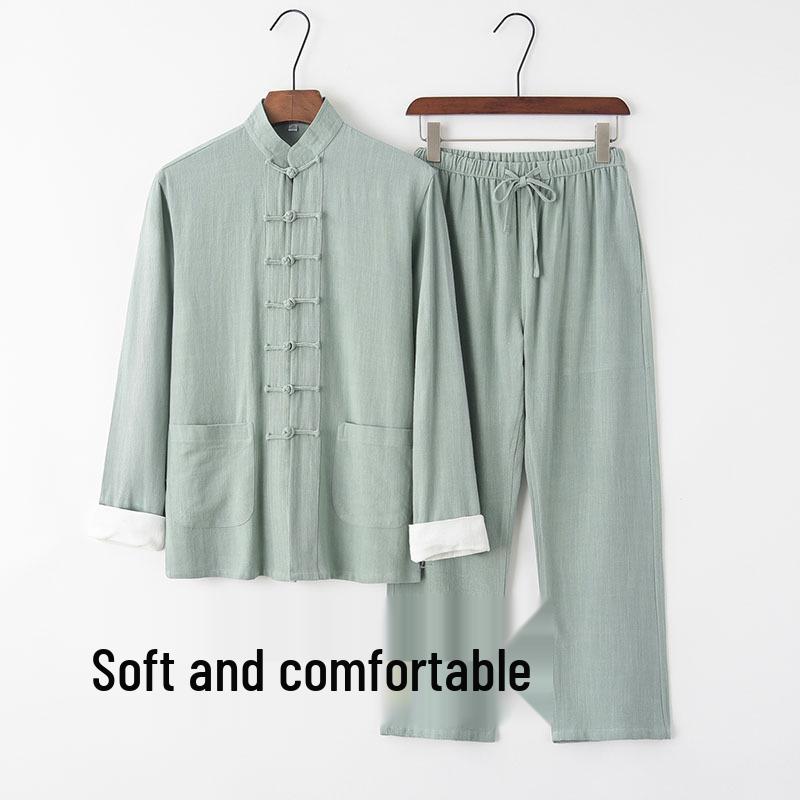 Men's Chinese Style Cotton Linen Tang Suit Jacket & Pants Set with Frog Buttons - Retro Zen Meditation Outfit