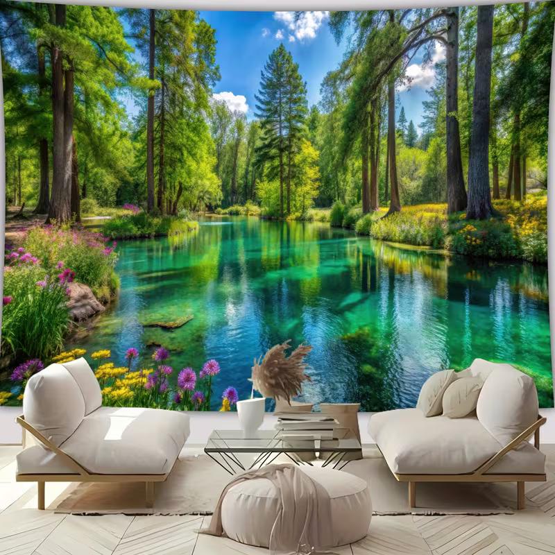 

2D Lush Forest Lake Tapestry, Vibrant Water View Wall Hanging for Aesthetic Decor 47.2x31.5inch/120*80cm