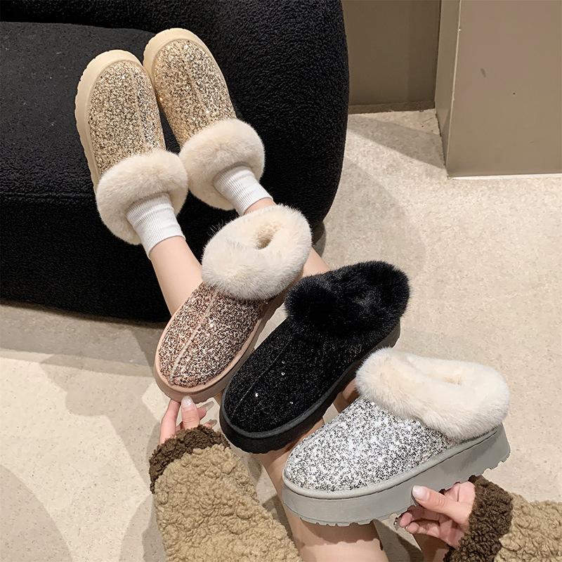Women's Snow Boots for Autumn and Winter Large Size Thick Sole Sequins Thick Fur Mouth Thick and Warm Snow Boots for Women