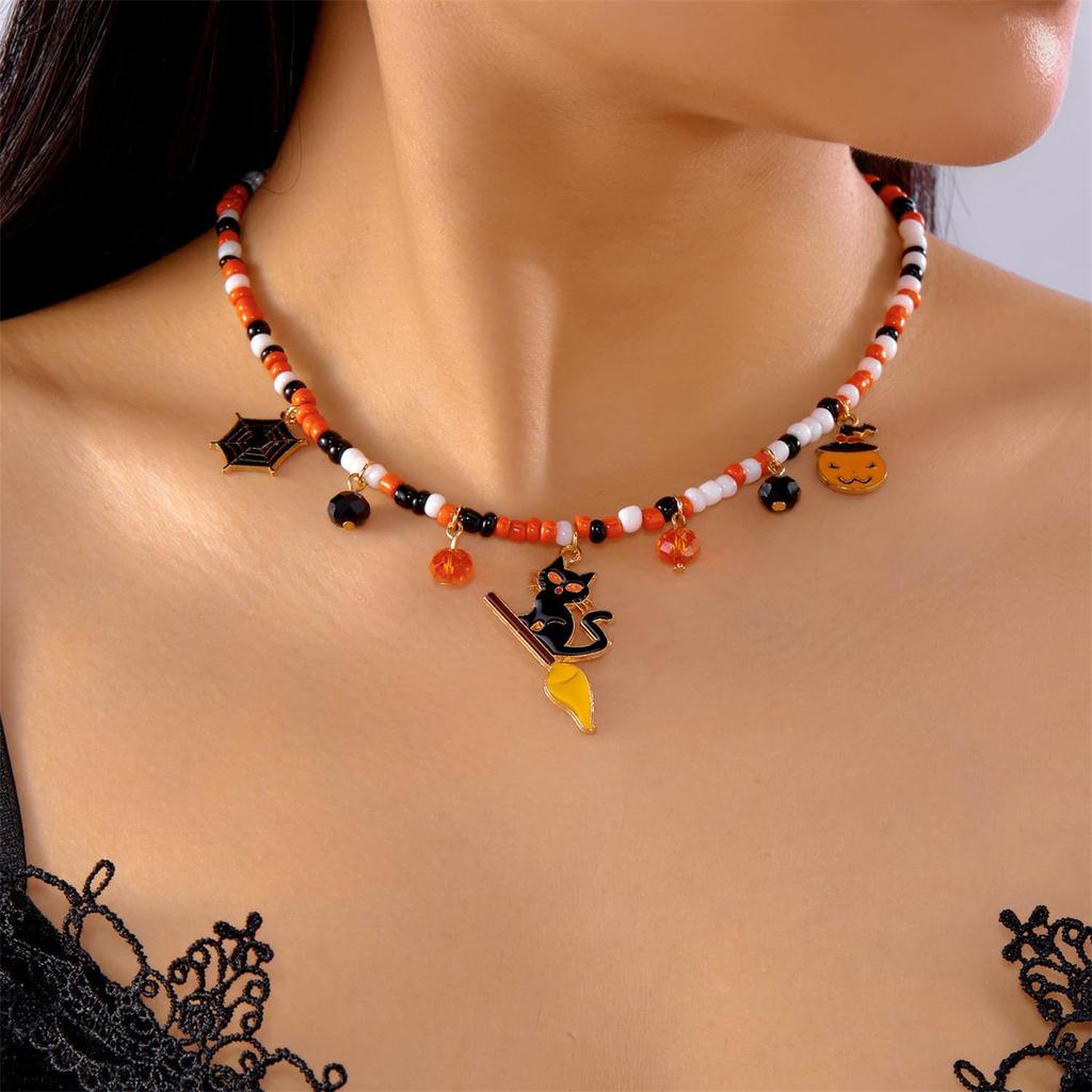 Halloween Pumpkin Beaded Pendant Necklace     Ornament Rice Bead Necklace Halloween Witch  Costume Accessories