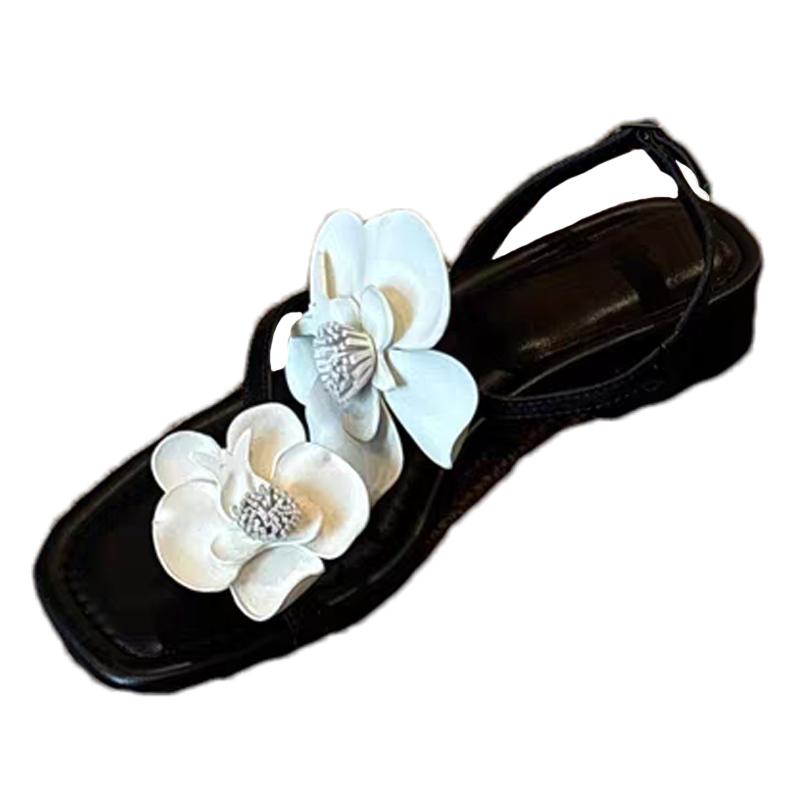 Modne kwiatowe sandały na obcasie dla kobiet, designerskie płytkie buty 2025, trend mody, lato, nowe, eleganckie klapki z klamrą, buty do sukienki dla kobiet