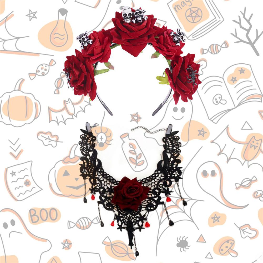 Skull Rose Hair Bands & Necklace Set Novelty Day of The Dead Headpiece for Women