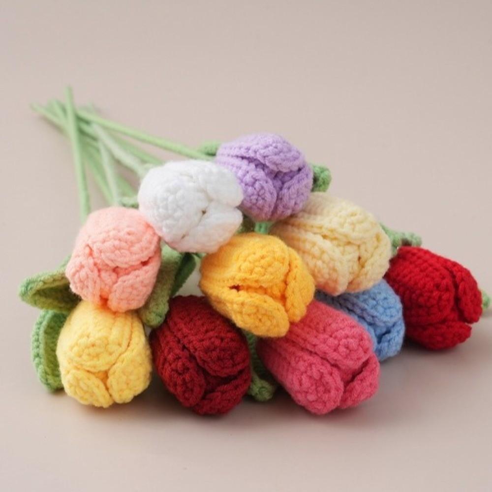 Crochet Flowers Knitted Tulips Flower Creative Finished Fake Flower Plants  Desktop Ornament