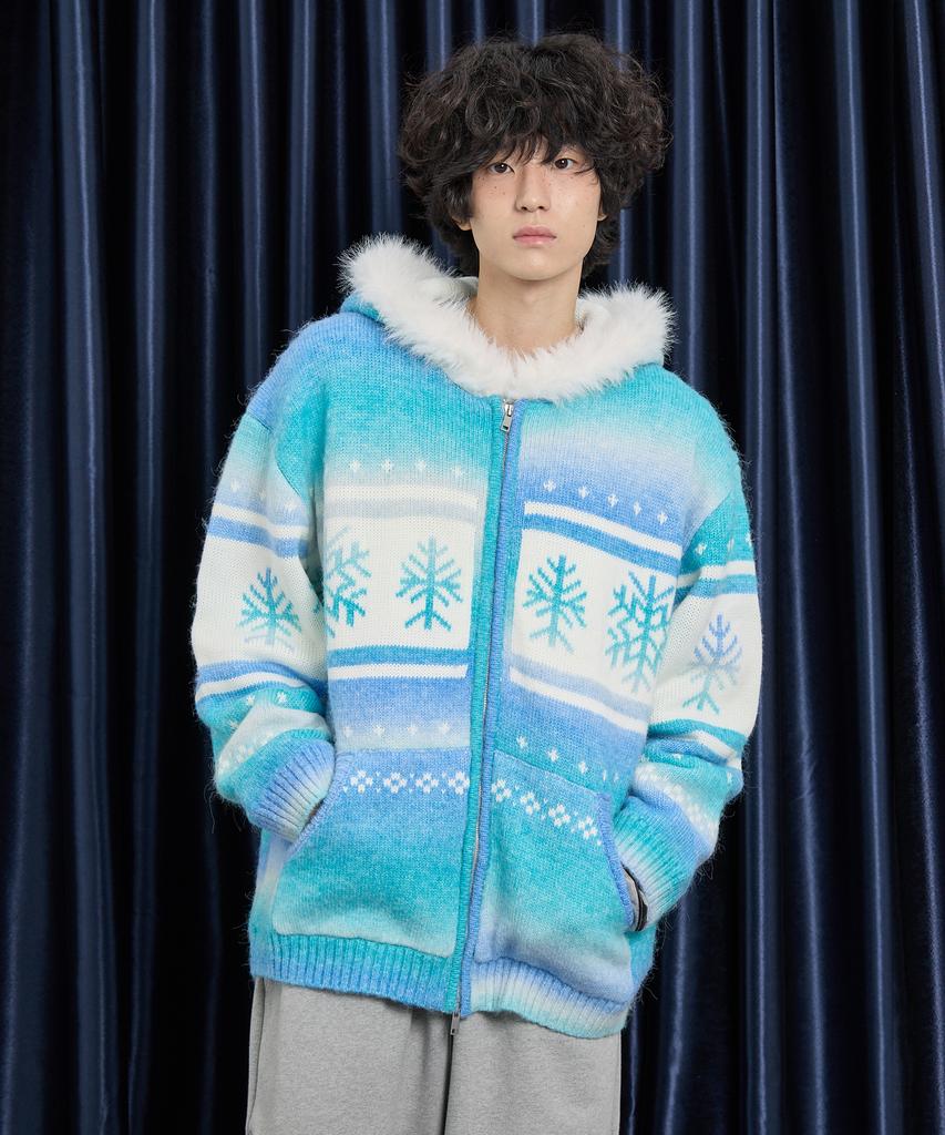 WAIKEI Snow Gradient Fur Hooded Zip-Up Blue