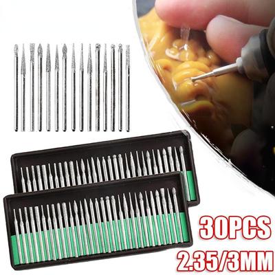 30Pcs Diamond Grinding Burr Needle Point Engraving Carving Polishing for Glass Jade Stone 2.35/3mm Drill Bit Rotary Tool Set