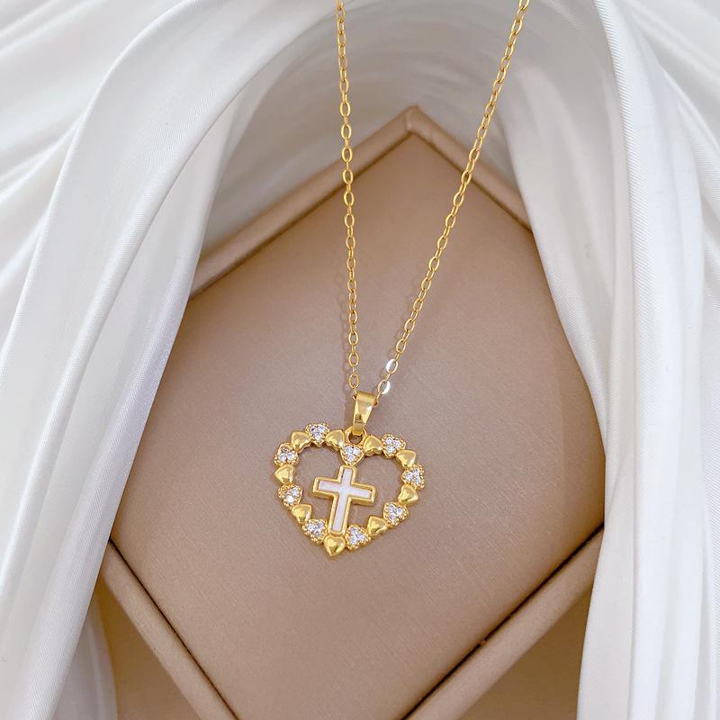 Stainless Steel Chain Necklaces for Women Creative Love Heart with Cross Pendant Necklace Cool Fashion Jewelry Accessories Gifts