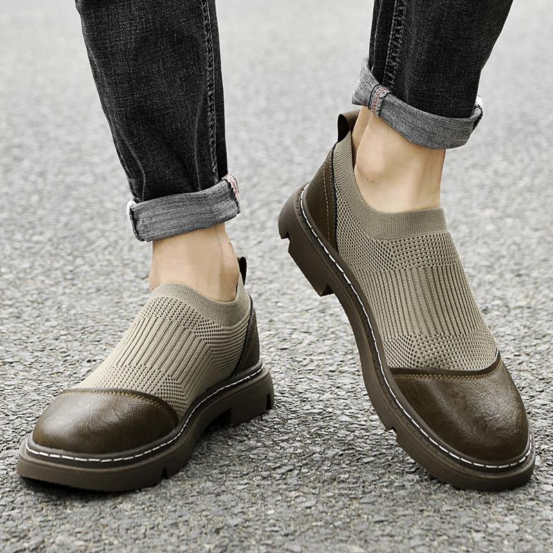 Fashion Fashion Thick Bottom Leather Loafers Shoe Brand Handmade Men Quality Woven Mesh Shoes Breathable Social Masculino Business Shoes