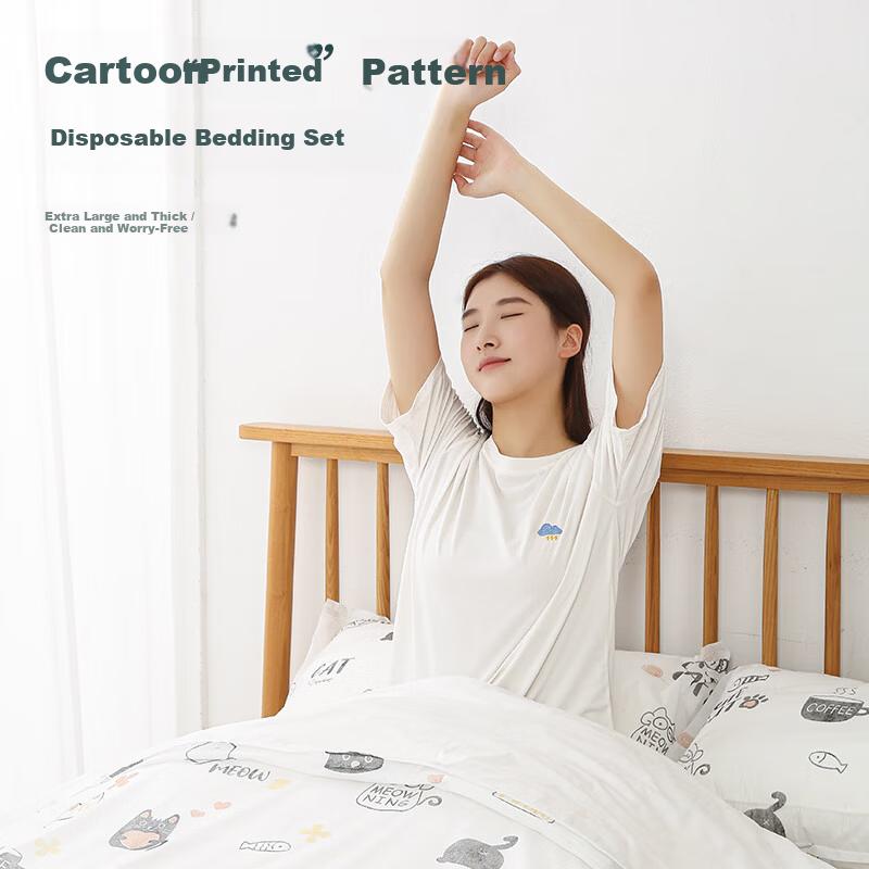 LOHAS Travel Disposable Bedding Set 4-Piece Hotel Bed Linen Sheet Duvet Cover Double Thickened Protective Bed Cover for Travel