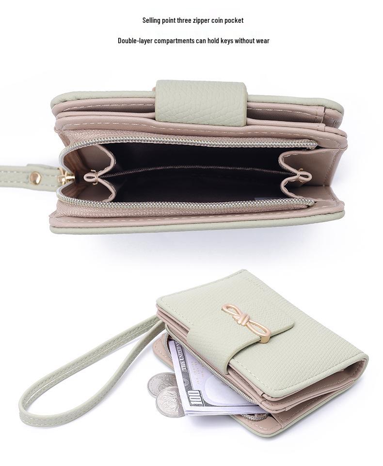 Korean Style Women's Bow Short Wallet Clutch with Zipper Wristlet