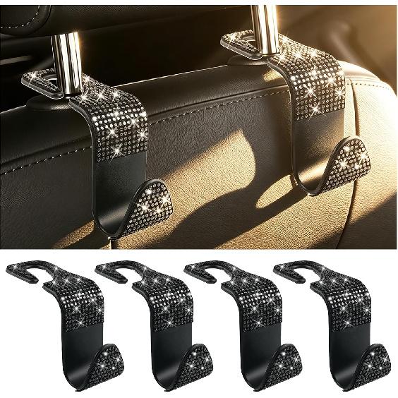 4 Pack Bling Headrest Hooks for Car with Rhinestone,Stylish Purse Hook for Cars Storage and Decorations,Universal Premium Car Hooks Cars Accessories
