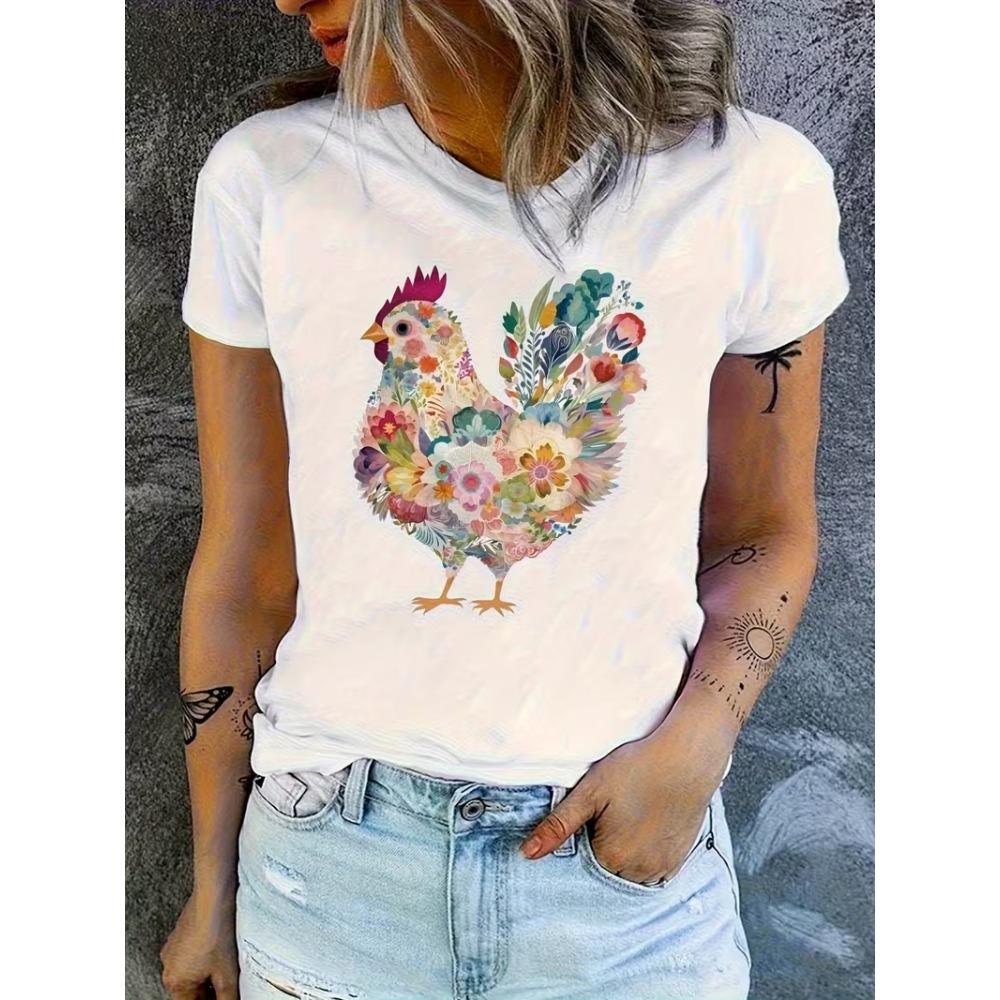 Funny Chicken In Red Heels Graphic T-Shirt Women’s Short Sleeve Humorous Farm Animal Print Top for Daily