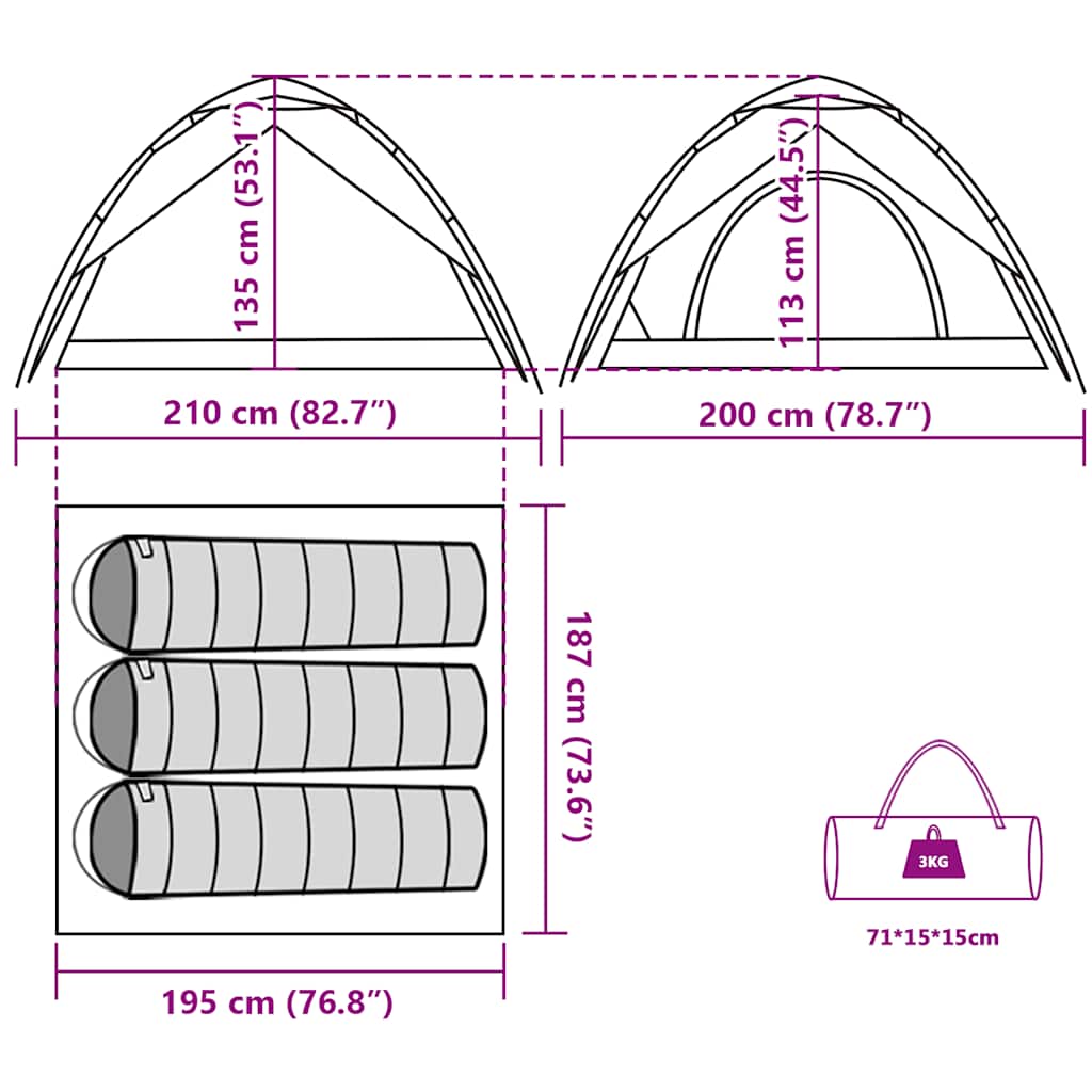 Dome Camping Tent for 3 Persons Grey and Orange Quick Release System