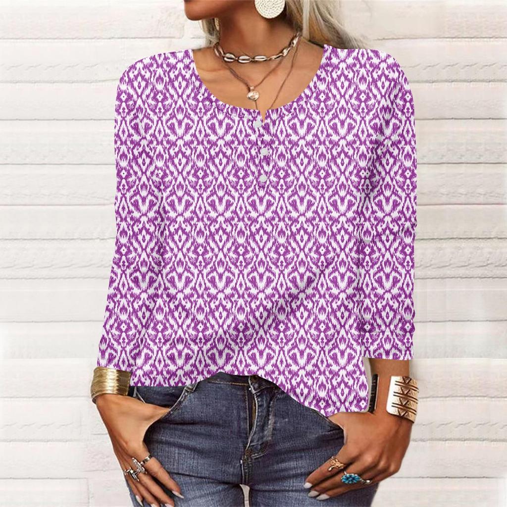 Kadınlar Yeni Düğmeli Moda Baskılı Uzun Kollu Tişört İnce Üst Günlük Üstler