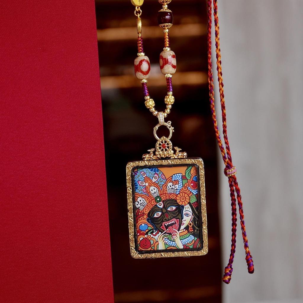 3D Hand-Painted Yellow Jambhala Thangka Zhakiram Gau Box Necklace