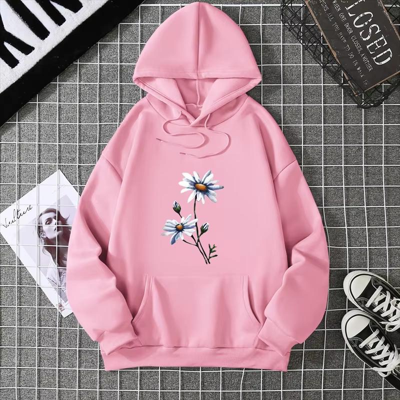 2025Creative White chrysanthemumPattern Women clothing Soft Simplicity hoddy Hot Sale Basics Streetwears Personality Hip Hop Top