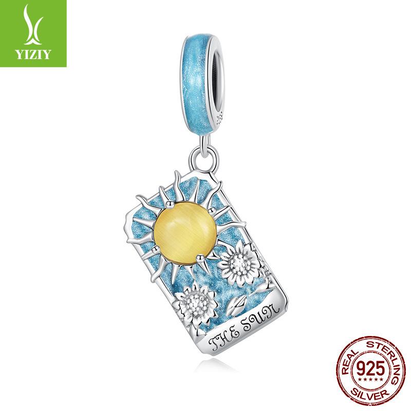 Blue Tarot Sun Pendant, Bohemian 925 Silver Beaded Jewelry Scc2264
