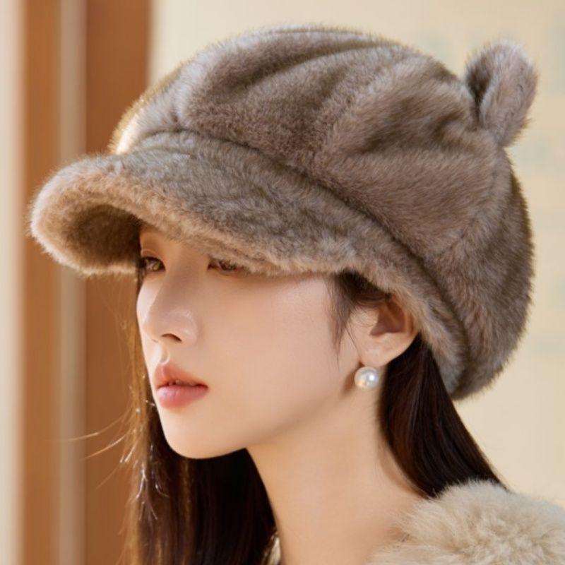 New Style Rabbit Fur Octagonal Hat Women's Fashionable Plush Hat Cat Ear Thermal Cap Wide-Circumference Head Wrap