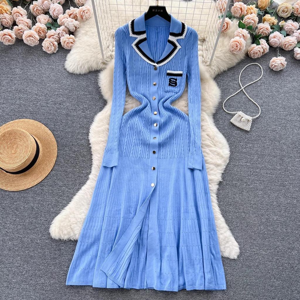 Fashion Autumn Winter Long Sleeve Knitted Maxi Dress Women Elegant Embroidery Pockets Long Sweater Dress Vestidos