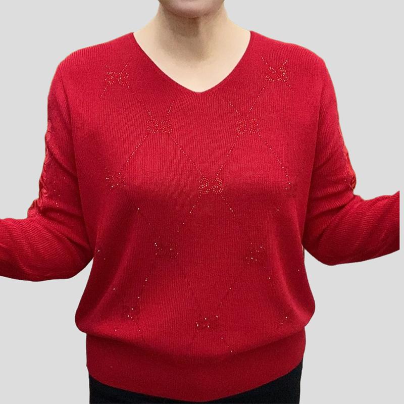 Frühling Herbst Damen V-Ausschnitt Pullover Lockere Passform Strasssteine Lochstrick Überzieh-Pullover