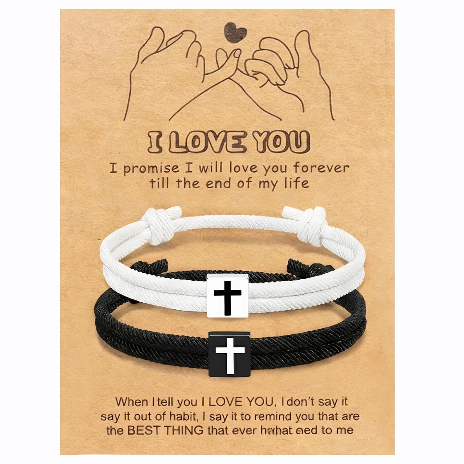

Hand-woven Black and White Cross Milanese Adjustable Bracelets – A Pair of Matching Couple’s Bracelets including card