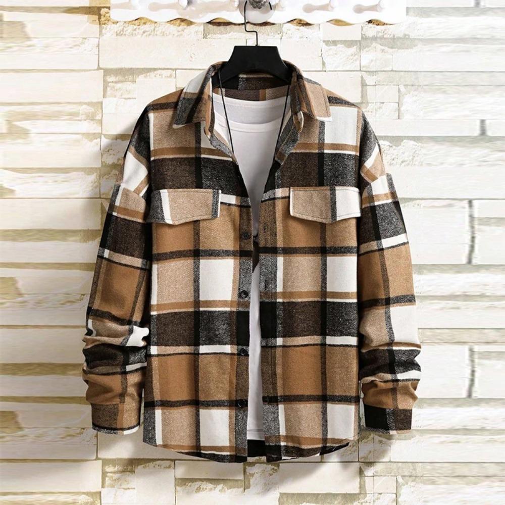 Neues Leichter Luxus Herrenhemd Koreanische Urbane Mode Retro Langarm Tasche Strickjacke Tops Hohe Qualität Verdicktes Karo Bluse S-2XL