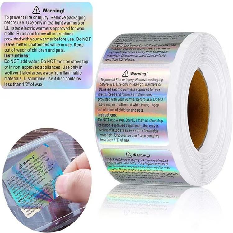Silver Labels 1.5x1.8Inch Self-Adhesive Holography Wax Melting Warning Sticker Roll Waterproof Decal for Wax Package