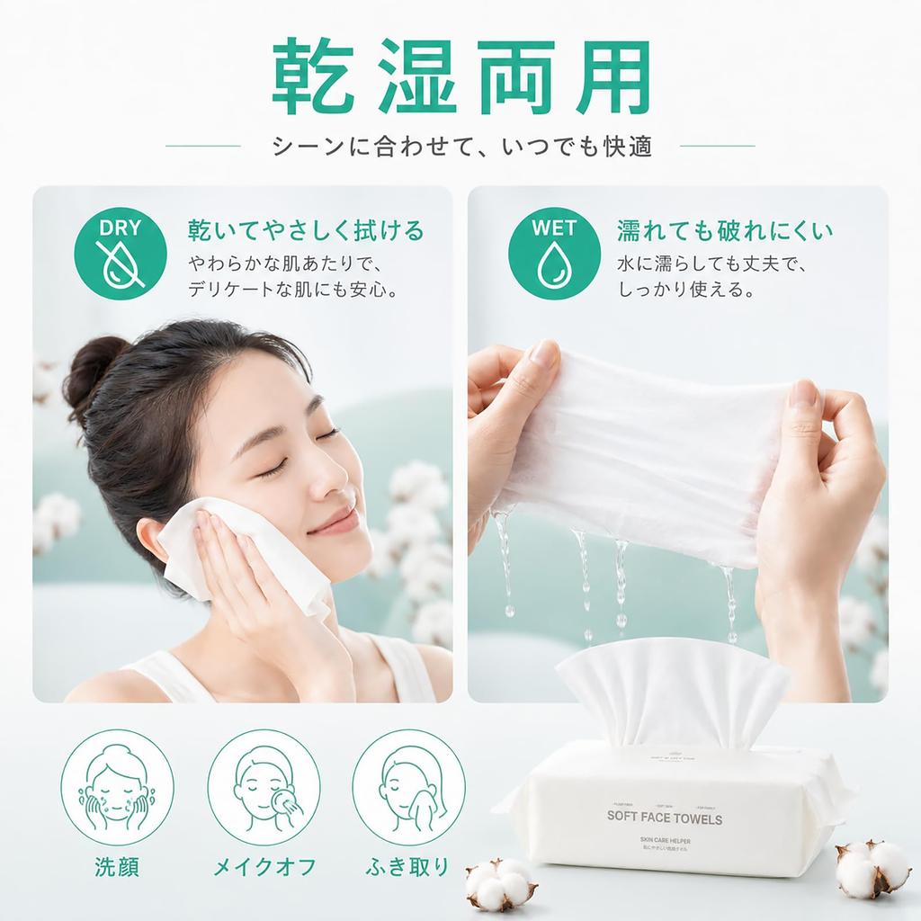 Gevlonecirly Face Flat Drawer Cotton Suitable for Sensitive and Dry Gentle On Makeup Individually Emergency Towels, Weave, Disposable, 80-Pack, Type,