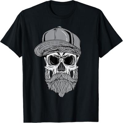 Cooles lustiges Hipster-Totenkopf-T-Shirt mit Bart und Baseballkappe, Bandana