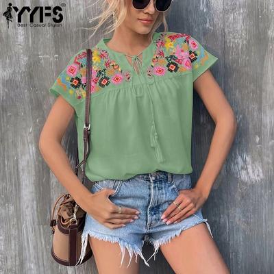 Women's Fashion Casual Summer Spring Flower Pattern Print Short Sleeve O-Neck Blouses & Shirts