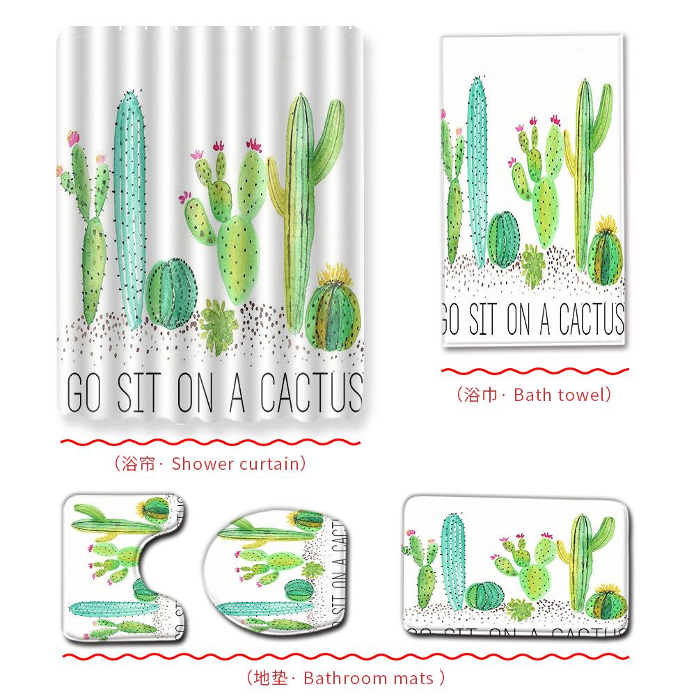 Cactus Bathroom Shower Curtain Bath Towel Floor Mat Five-Piece Set Bathroom Toilet Carpet Shower Foot Mat