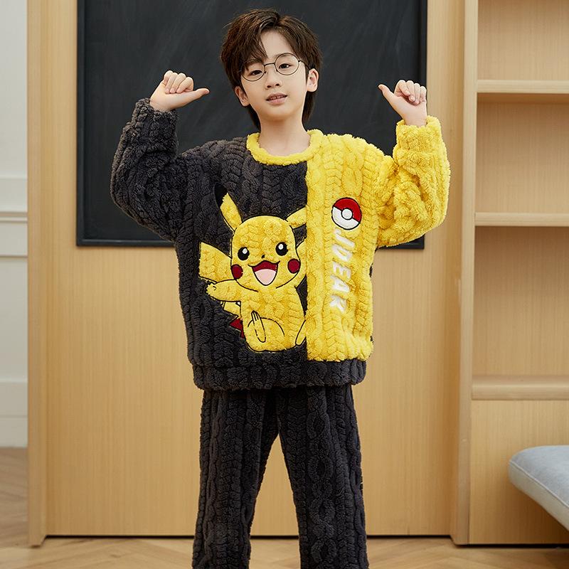 Kids Flannel Pajamas Set Boys Girls Warm Long Sleeve Top And Pants Sleepwear Winter Home Nightwear