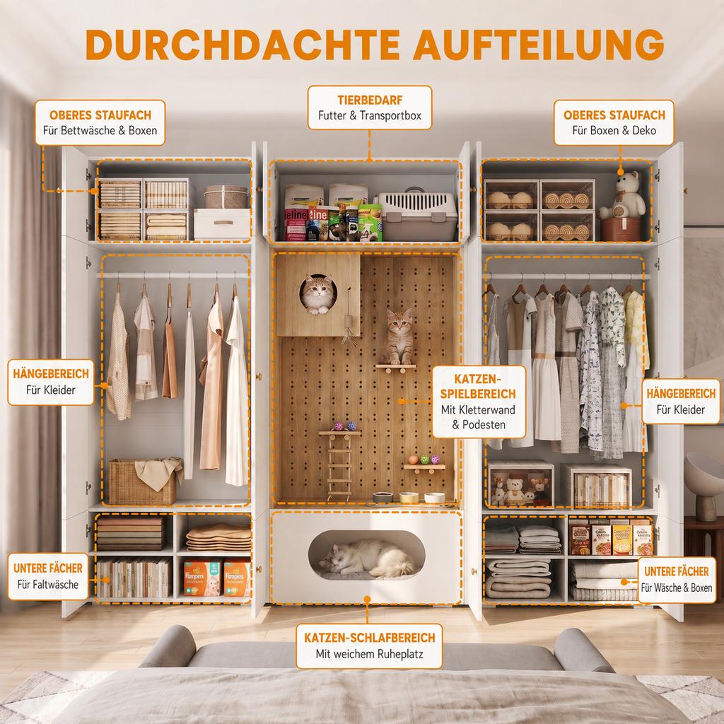 Wardrobe Set, Pet Cabinet, 270 x 50 x 200 cm, with Clothes Rail and Cat Climbing Wall, for Bedroom, Living Room and Hallway, White+Wood Look