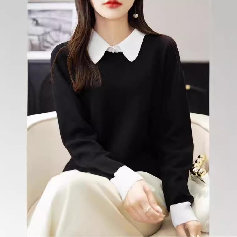 Lapel Contrast Color Pullover Sweater for Women Autumn and Winter Loose Color Block Knitted Bottoming Shirt with Top