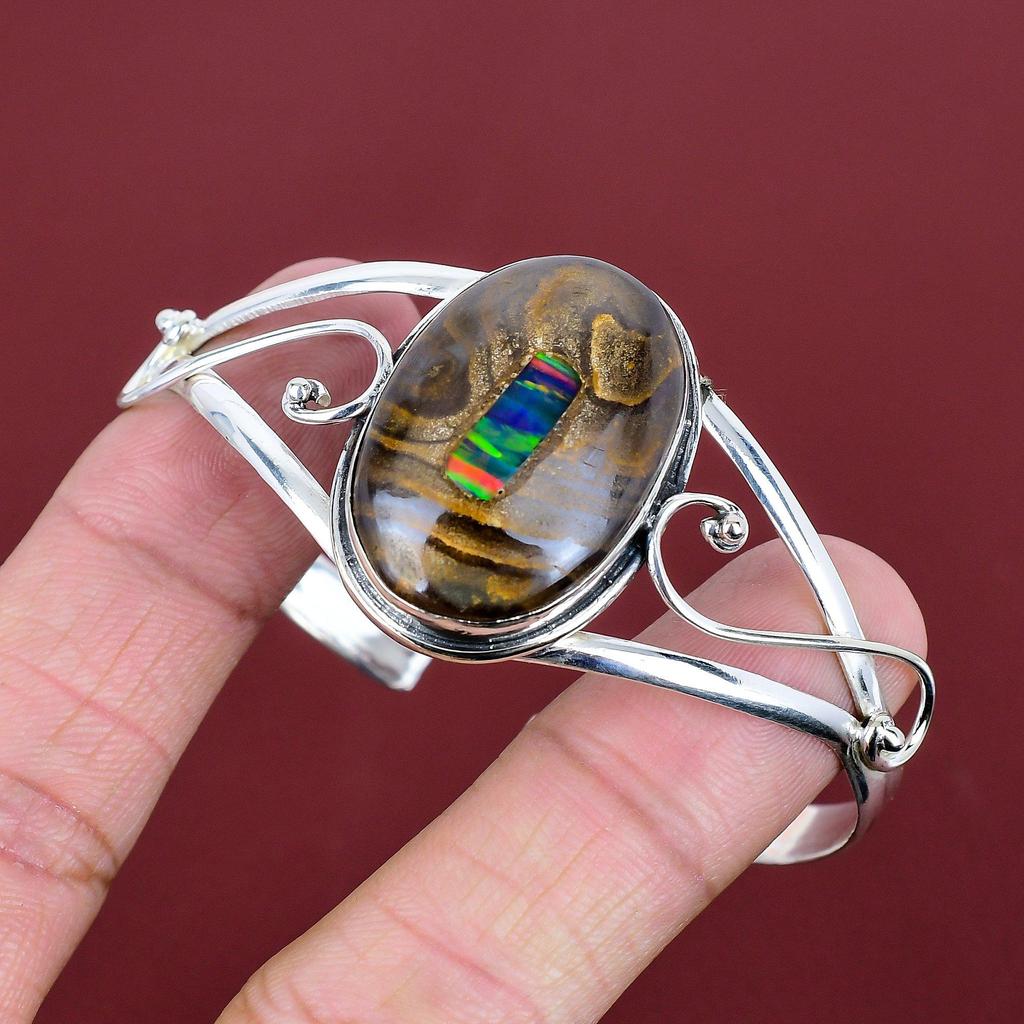 Ethopian Opal In Boulder Opal Gemstone Cuff Bracelet 925 Sterling Silver Bangle Adjustable Cuff Bracelet Handmade Jewelry Anniversary Gifts