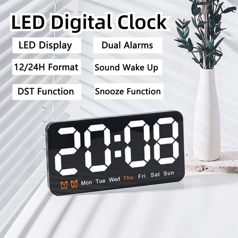 Temperature/Date Display Electronic Wall Clock Dual Alarms 12/24H Format Wall-mounted Clock LED Display DST Function