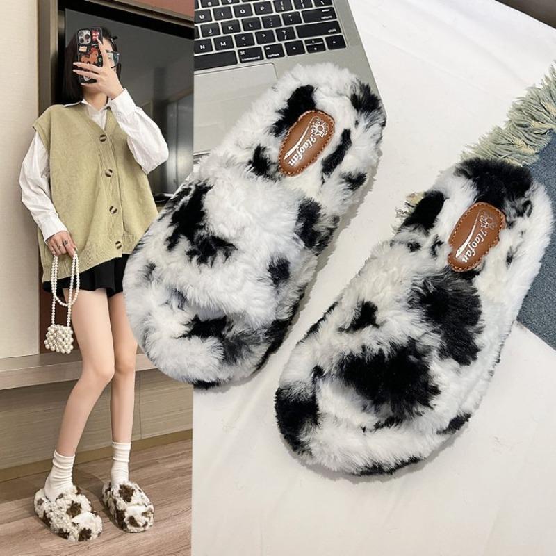 Damskie kapcie z podszewką polarową, w panterkę, na jednym pasku, gruba platforma, ciepłe, do domu/na zewnątrz, klapki