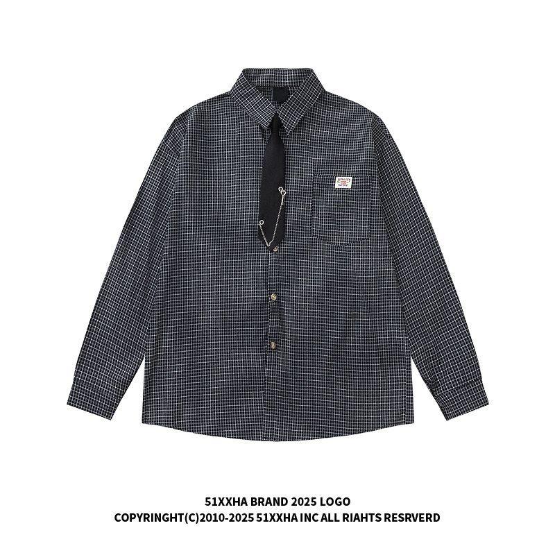 51 Hip-Hop Trendy Brand College Style Tie Plaid Shirt for Men and Women American Style Color-Blocking Vintage Versatile Couple Long-Sleeve Shirt