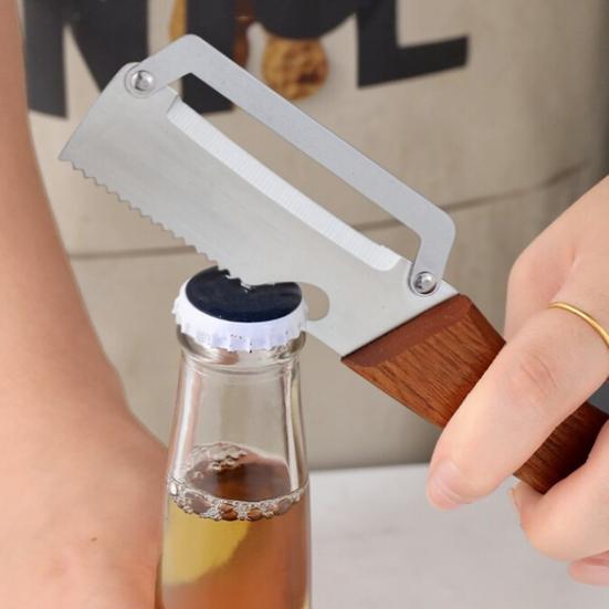 Vegetable Peeler with Wooden Handle Stainless Steel Sharp Blade Peeler 2-in-1 Bottle Opener Kitchen Peeling Utensil