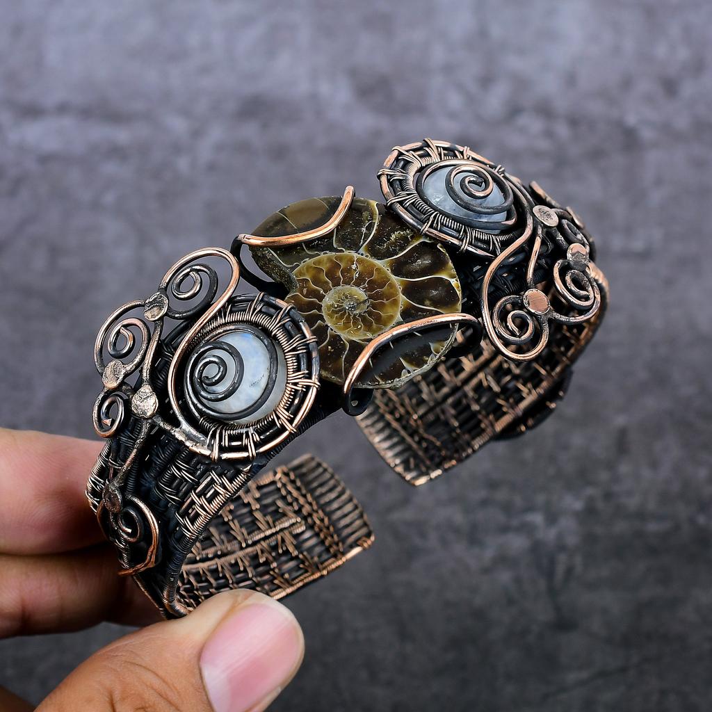 Ammonite Fossil Handmade Copper Wire Wrap Cuff Bangle Adjustable u2V33