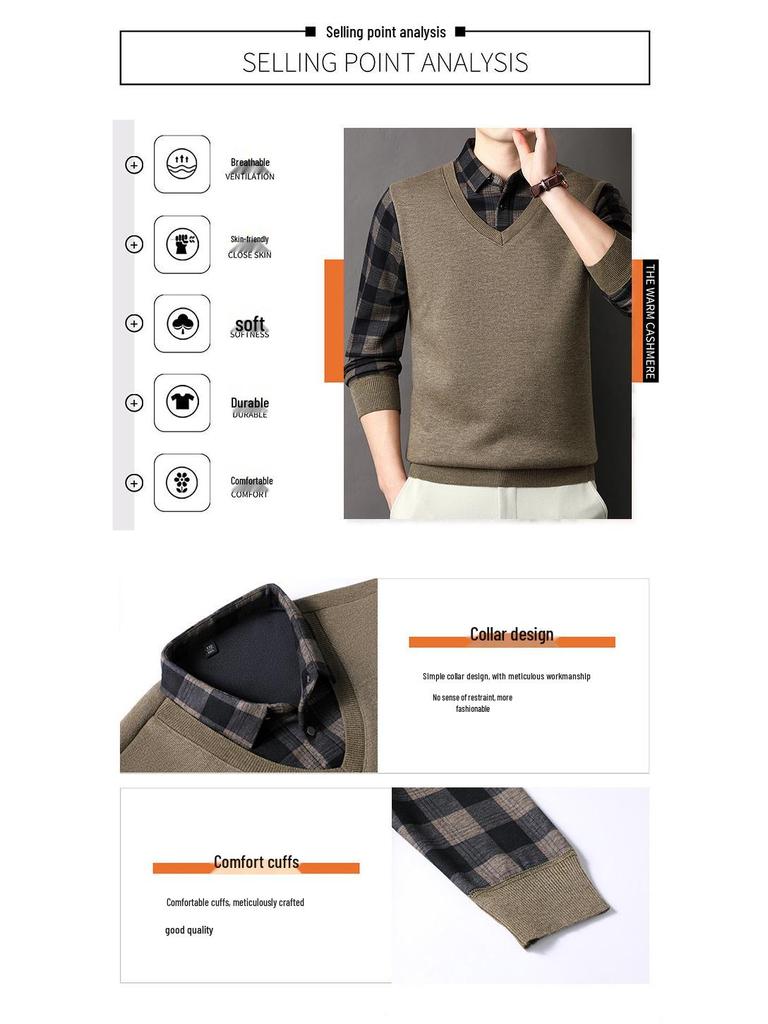 Men's Winter Plus Velvet Faux Two-Piece Shirt with Long Sleeves and Collar - Warm Base Layer for Middle-Aged Casual Wear