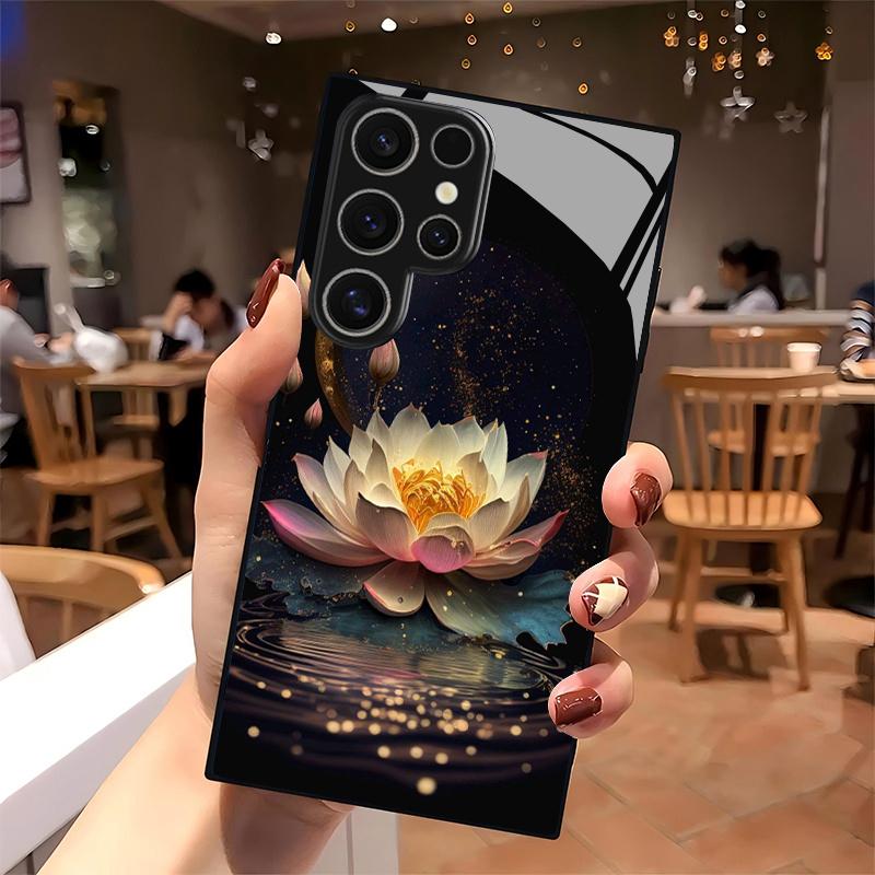 Moonlit Lotus Pattern 2D Phone Case for Samsung S26 S25 S24 S23 S22 S21 S20 A55 A54 Tempered Glass Protective Cover