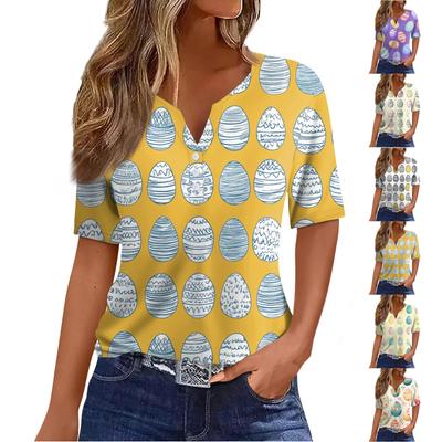 Women's T Shirt Print Button Short Sleeve Daily Weekend Fashion Basic V- Neck Regular Top
