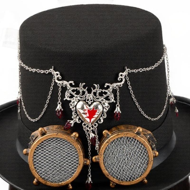 Gothic Top Hat With Heart Pendant And Detachable Adjustable Goggles For Halloween Costume Party Stage Performances