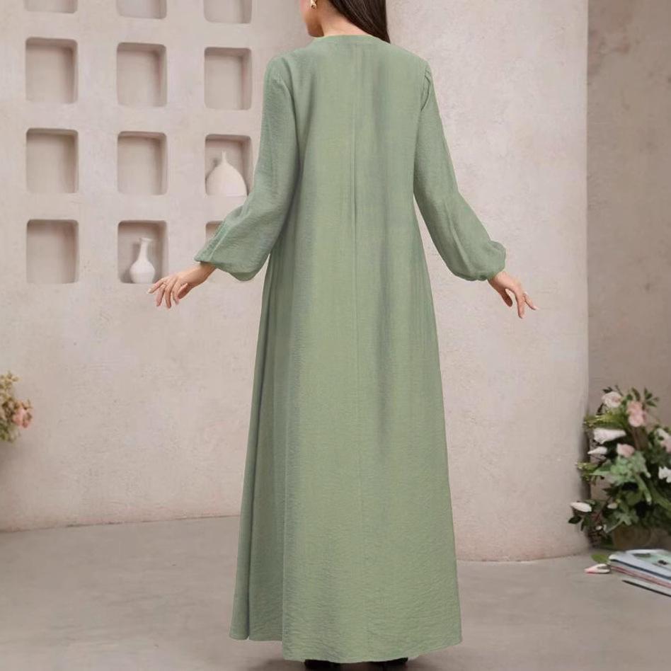 2025 Ethnic Style Muslim Long-Sleeved Robe - Solid Color, Loose Fit Dubai Dress for Women