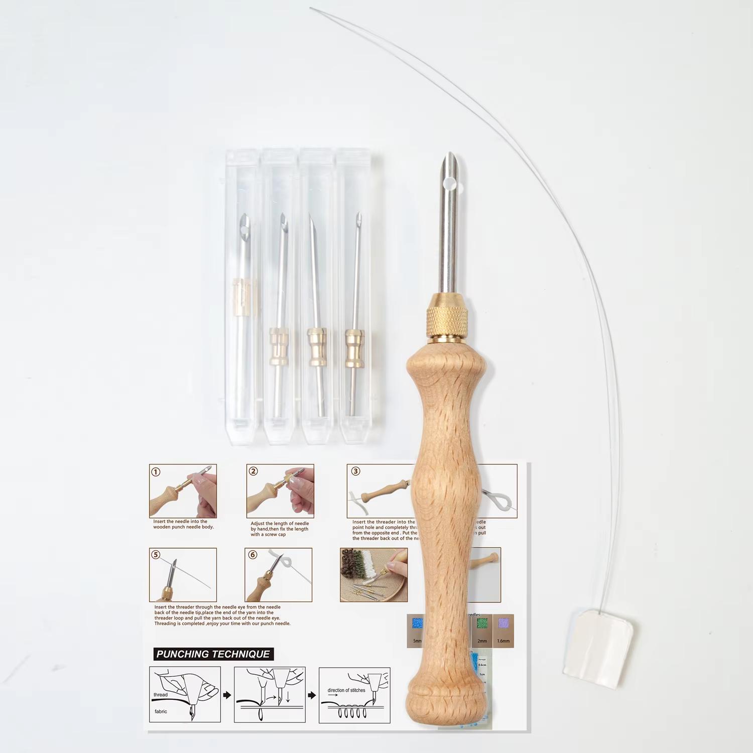 

Interchangeable Punch Needle Set, 5 Wooden Handle Needles with Tips (1.6/2/2.5/3.5/5mm) for Chunky Yarn Rug Making & Punch Needl