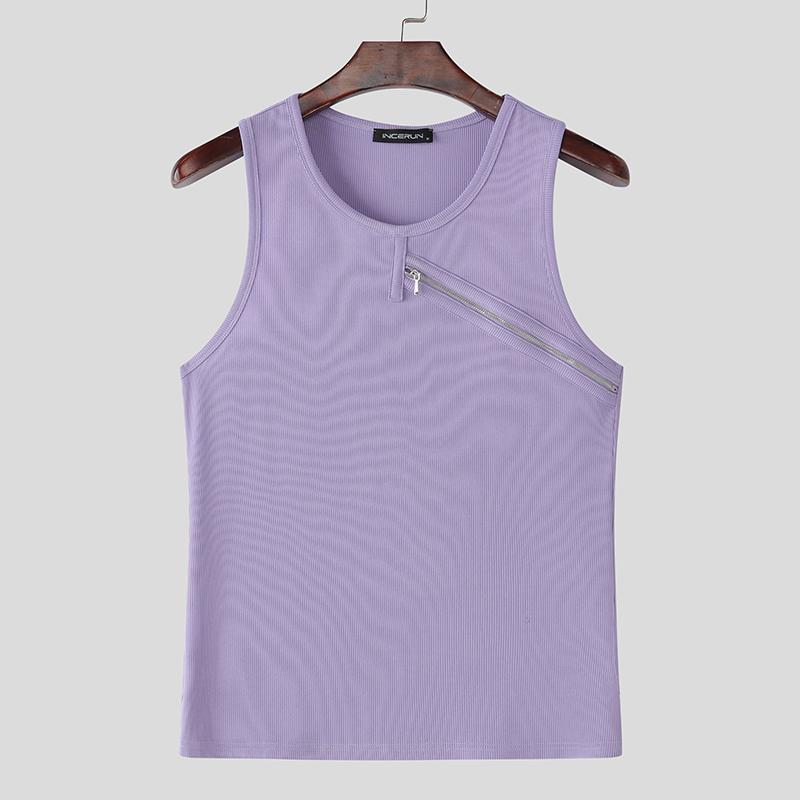 

INCERUN Men Round Neck Sleeveless Zip-up Casual Rib Striped Tank Tops 3XL фиолетовый