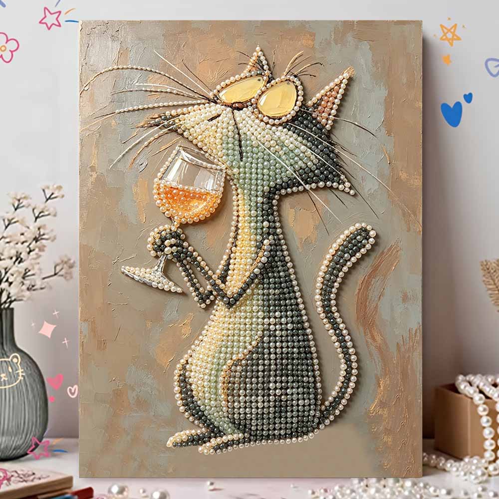 Frameless 3D Pearl Painting Kit Elegant Cat Drinking Wine Pattern DIY Bead Art Canvas Relaxing Activity for Bedroom Wall Decor Artwork