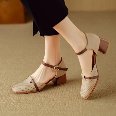 Mode NEU Sommer Damen Sandalen Spaltleder Schuhe für Damen Eckige Zehenpartie Klobiger Absatz Schuhe Übergröße Zehenbedeckt Slingback Ausgehöhlte Sandalen