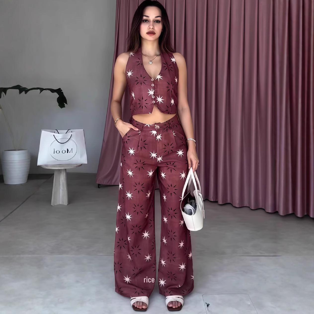 

2025 Euro-American Trade Summer Elegant Print Slimming Vest & Wide-Leg Pants Set S темно-червоний колір